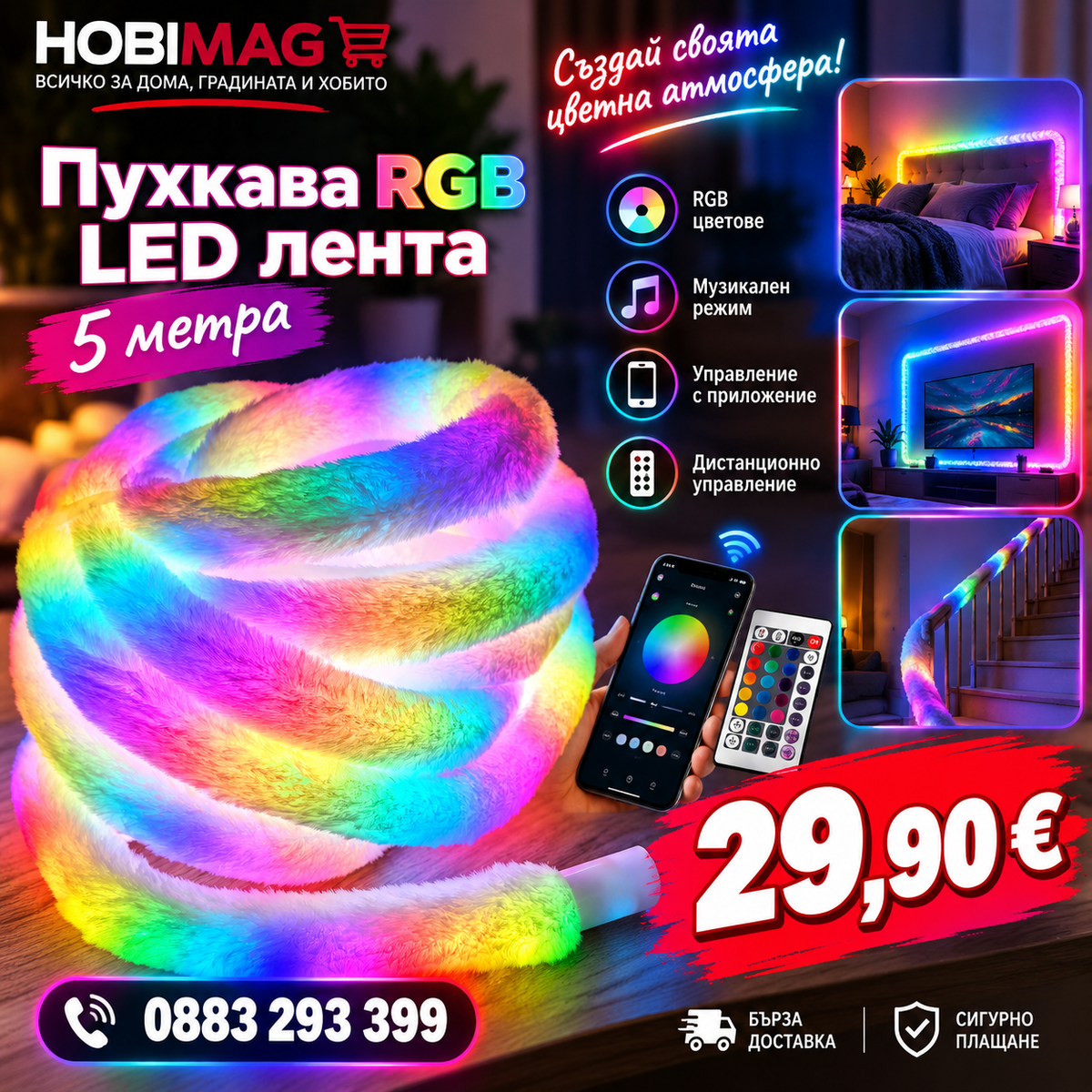 Пухкава RGB лента – пет метра